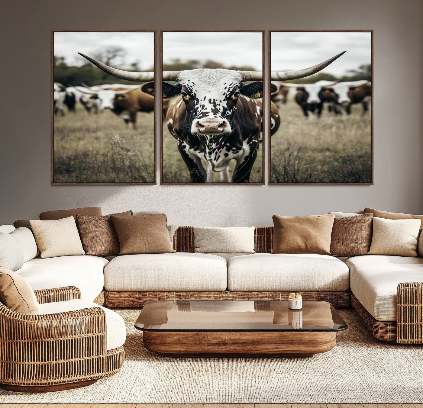 Canvas of a speckled Texas longhorn standing boldly in a field with a herd behind, perfect for rustic western or farmhouse wall decor.