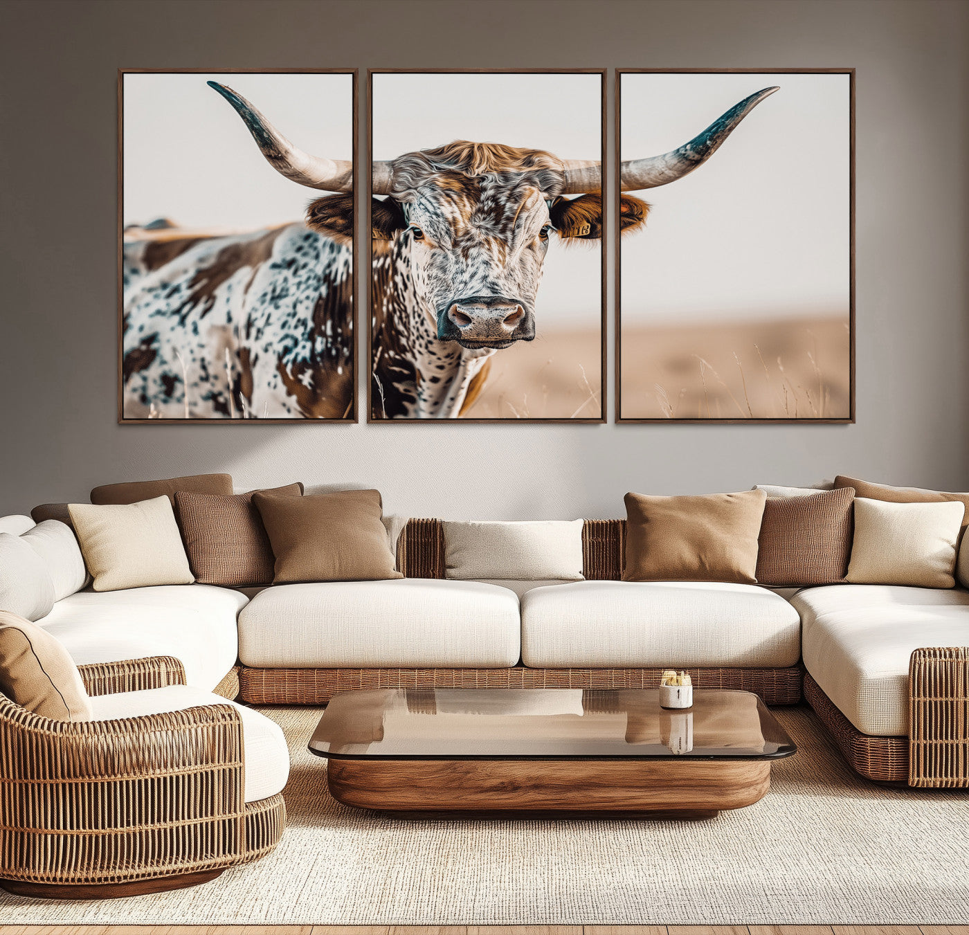 Canvas of a speckled Texas longhorn with wide curved horns and warm tones, perfect for rustic or country-style wall decor.