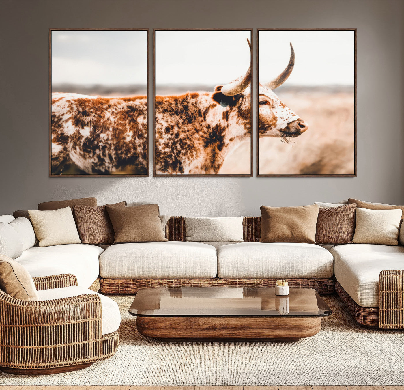 Speckled Texas longhorn with curved horns standing in a warm-toned prairie, perfect for rustic or country-style home decor.