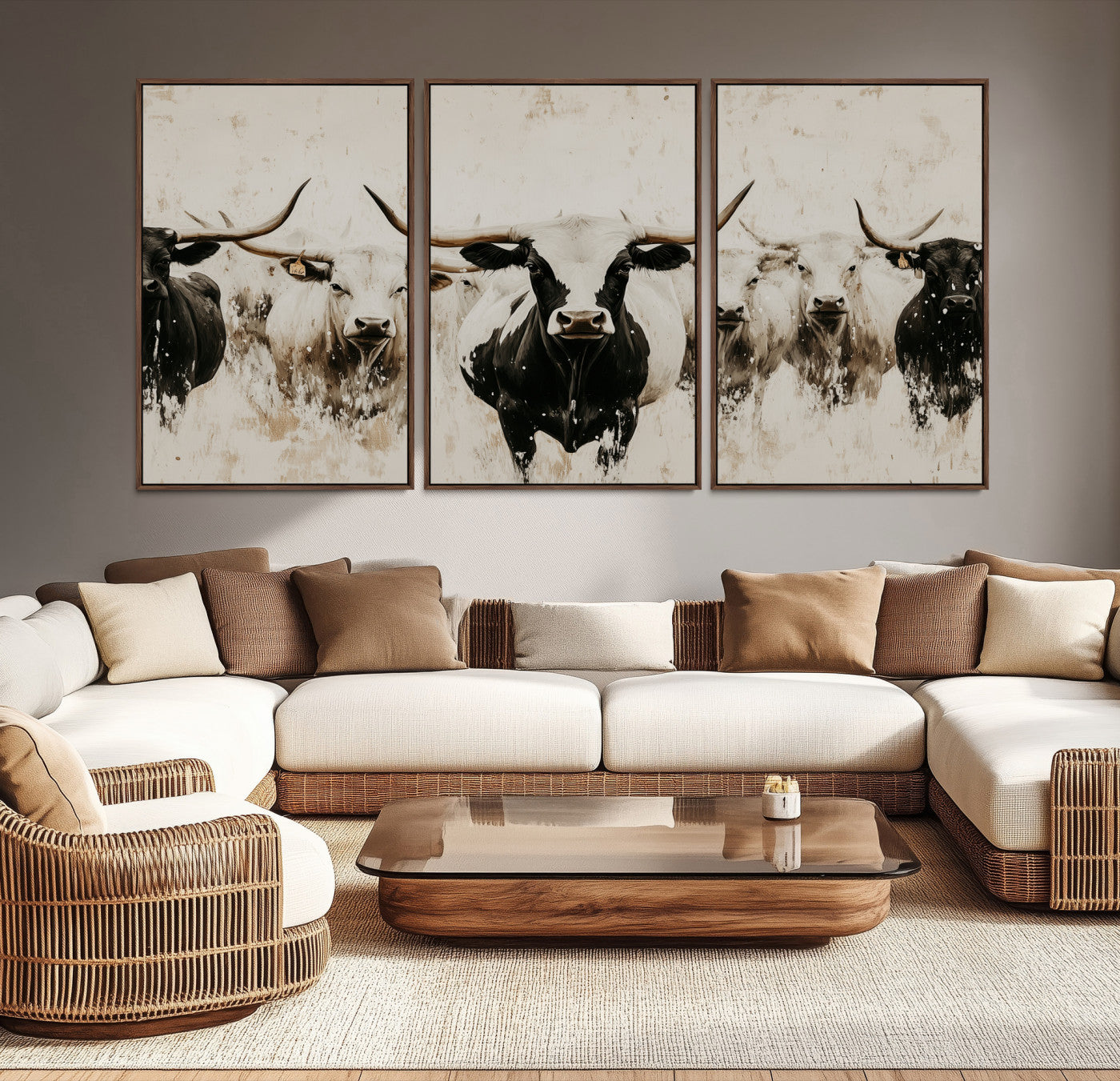 12027562-MGV-CV-36X24-Longhorn Cattle Wall Art Canvas Print – Framed Bison Herd Western Ranch Countryside Animal Landscape Artwork for Home Office
