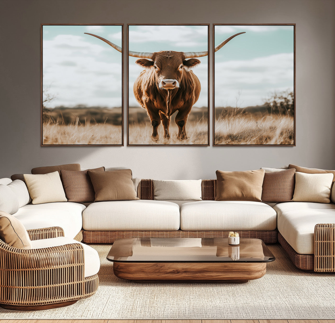 Texas Longhorn standing in a golden prairie under soft skies, ideal for rustic or western-style decor with warm natural tones.