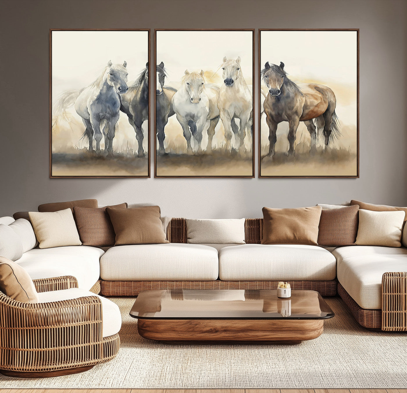 Watercolor illustration of five wild horses in soft neutral tones, perfect for rustic or western-style home decor with a calming natural vibe.