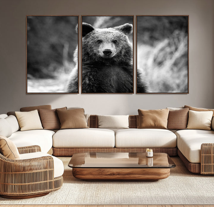 Grizzly Bear Wall Art Canvas Print, Framed Black White Bear Art Picture Print, Wild Bear Perfect Rustic Wildlife Decor