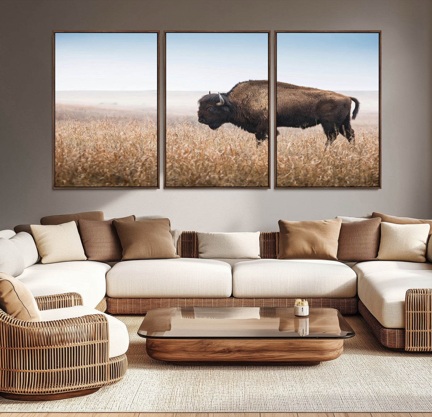 A solitary American bison stands in a dry grassland under soft skies, ideal for rustic or western-style home decor in warm neutral tones.