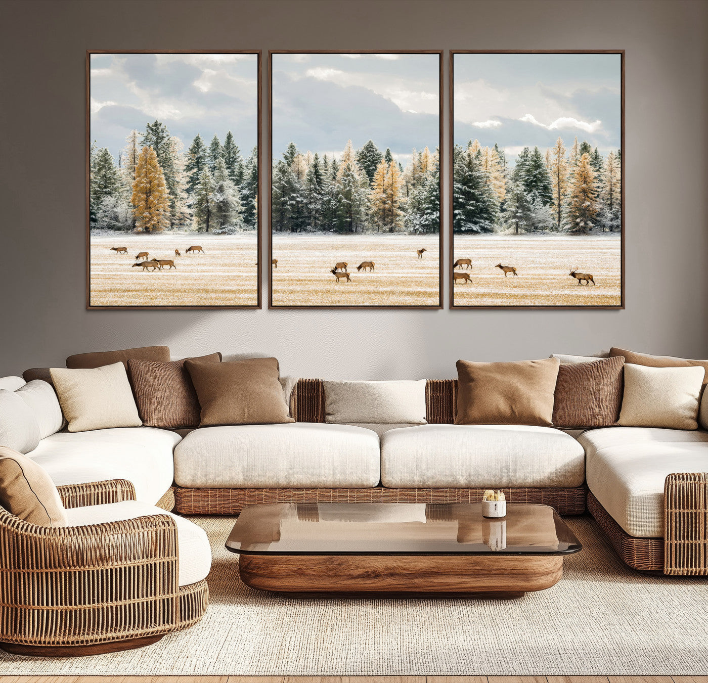 Elk herd in a snowy field with golden pine trees and frosted evergreens, ideal for neutral rustic or cabin-style home decor.