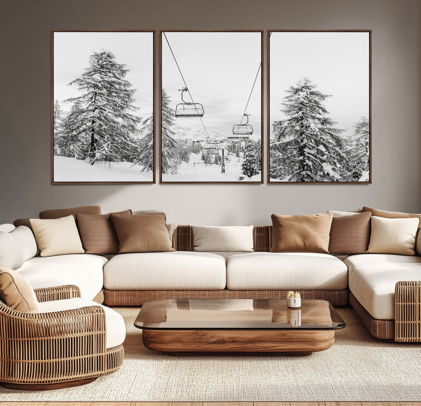 Black and white image of a ski lift amidst snow-covered pine trees, ideal for winter mountain or cabin-themed decor.