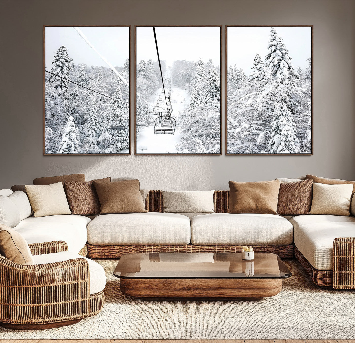 Snowy mountain landscape with a ski lift and snow-covered trees, ideal for winter-themed home decor. Perfect for modern, minimalist interiors.