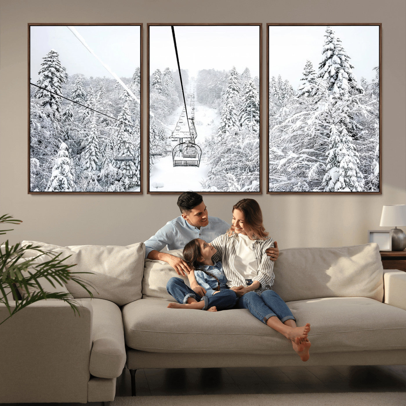 MGV-FC-60X30-3P - Snowy Mountains Wall Art Canvas Print, Framed Ski Lift Art Picture Print, Winter Forest Perfect