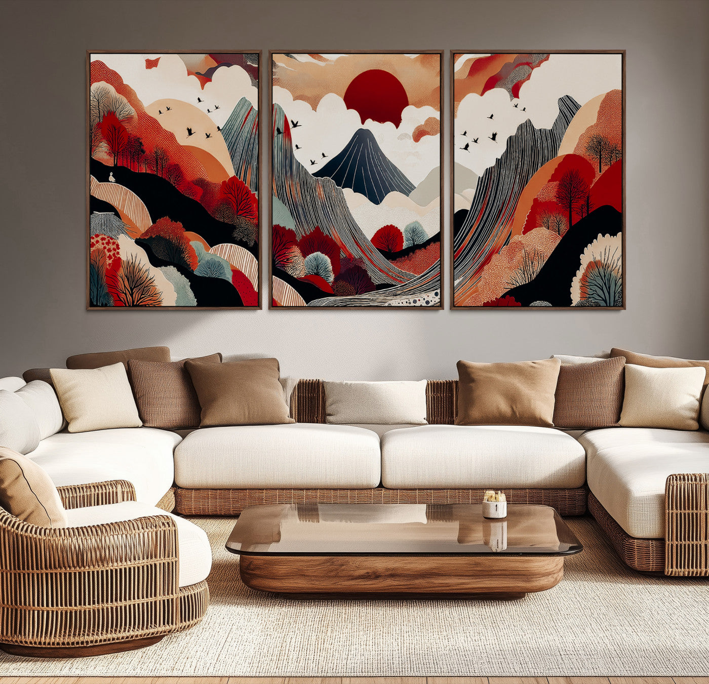 Abstract nature illustration with a red sun, mountains, and vibrant landscapes in graphic style, perfect for contemporary minimalist home decor. Ideal for modern spaces.