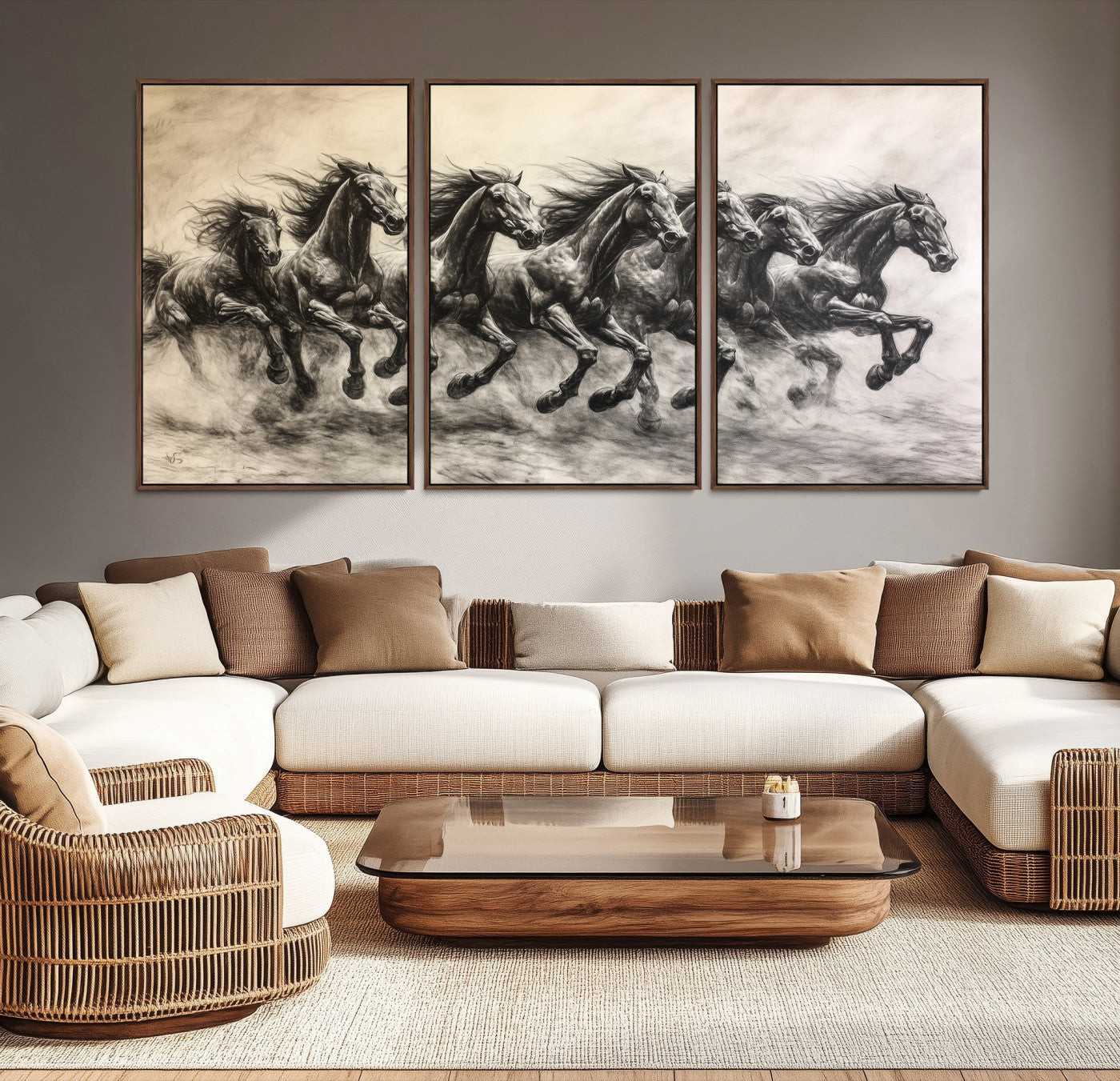 56089591-MGV-CV-36X24-Galloping Horses Wall Art Canvas Print – Framed Wild Stallions Herd Sketch Dynamic Equestrian Artwork for Home Office