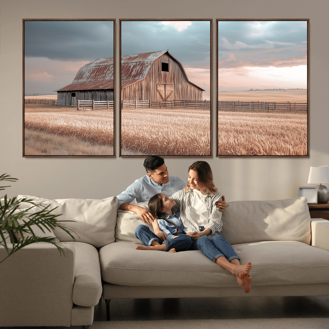 MGV-FC-60X30-3P - Rustic Barn Wall Art Canvas Print, Framed Wheat Field Art Picture Print, Sunset Barn Perfect Vintage Farmhouse Decor Artwork
