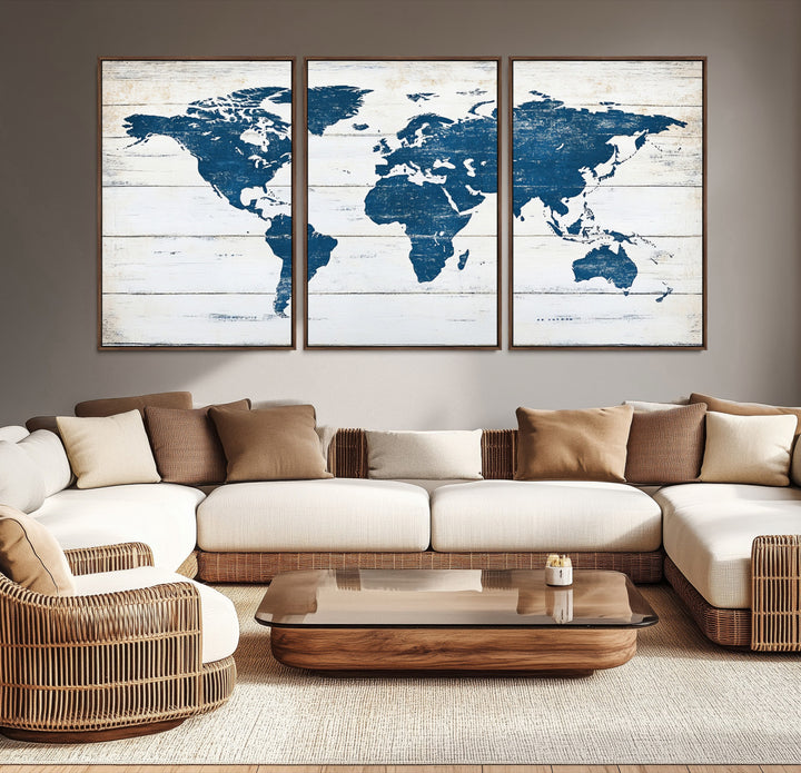 Rustic world map with blue continents on distressed wooden planks, perfect for coastal, explorer, or vintage-style wall decor.