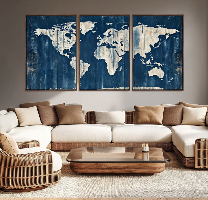 World Map Wall Art Canvas Print, Rustic Map Print, Framed Wooden World Map Art Print, Large Antique Map Decor Printing Perfect for Vintage Decor