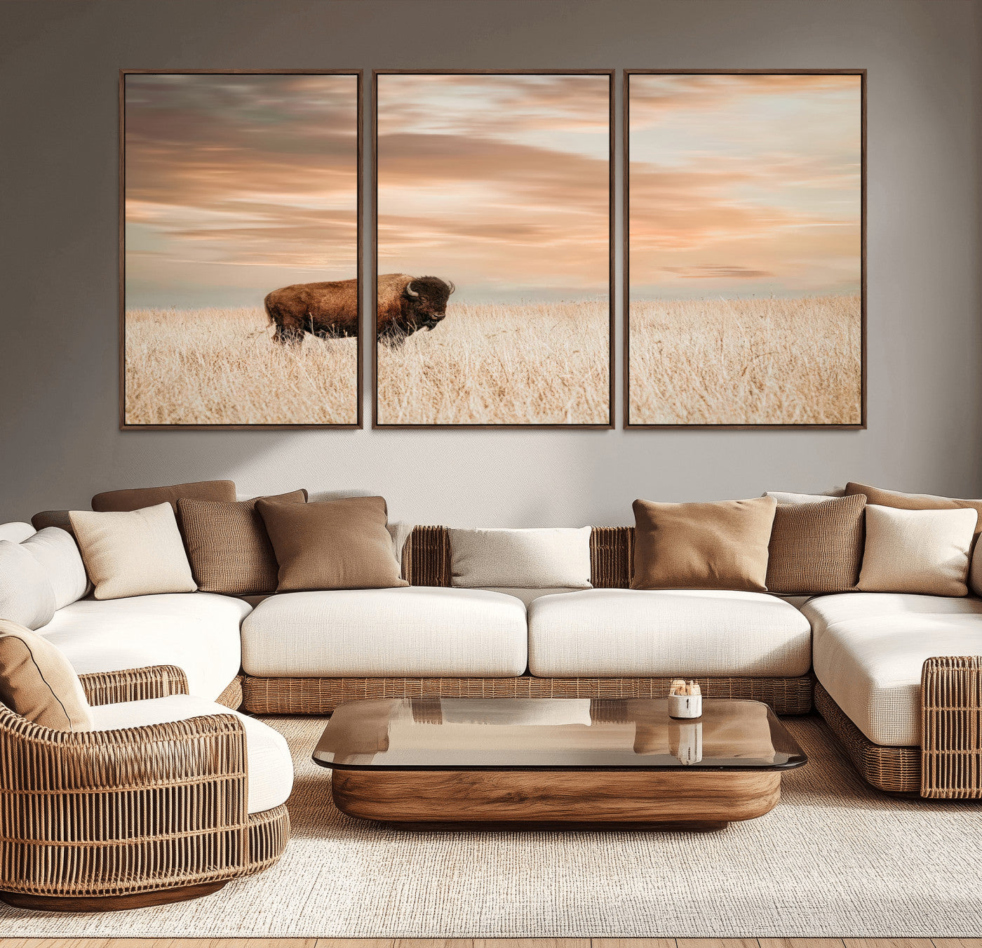 MGV-FC-60X30-3P - Bison Wall Art Canvas Print, Framed Buffalo Art Picture Print, Western Prairie Perfect Rustic Decor Artwork