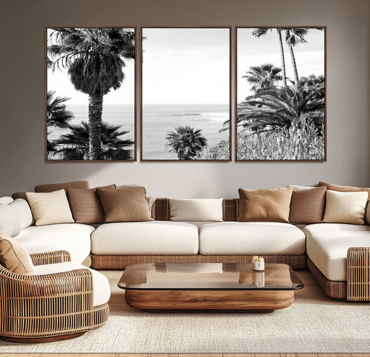Monochrome canvas of palm trees framing a coastal surf scene, perfect for California-inspired or retro black-and-white beach decor.