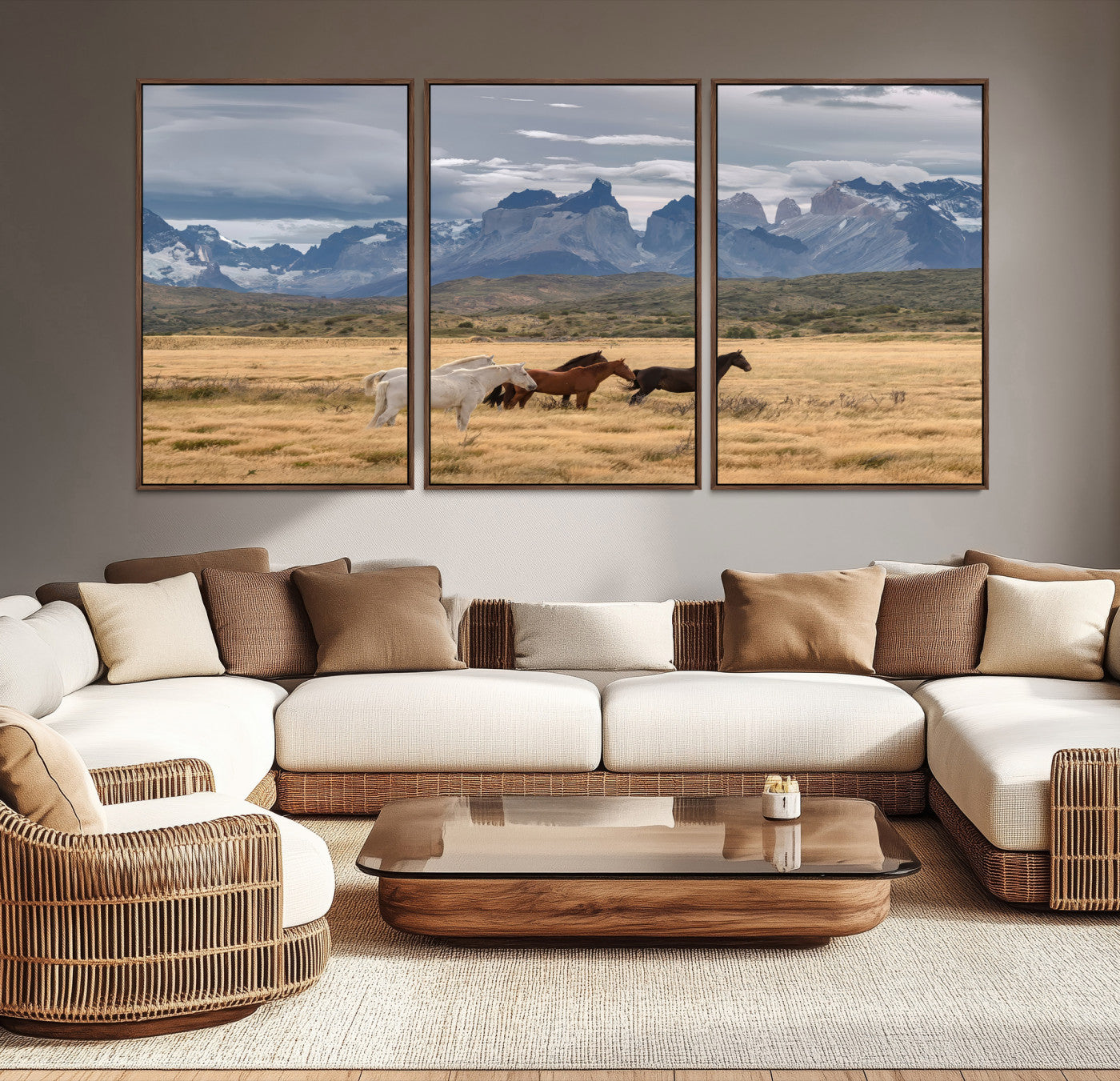 69960232-MGV-CV-36X24-Horses Grazing Wall Art Canvas Print – Framed Mountain Field Scenic Landscape Cloudy Sky Nature Artwork for Home Office
