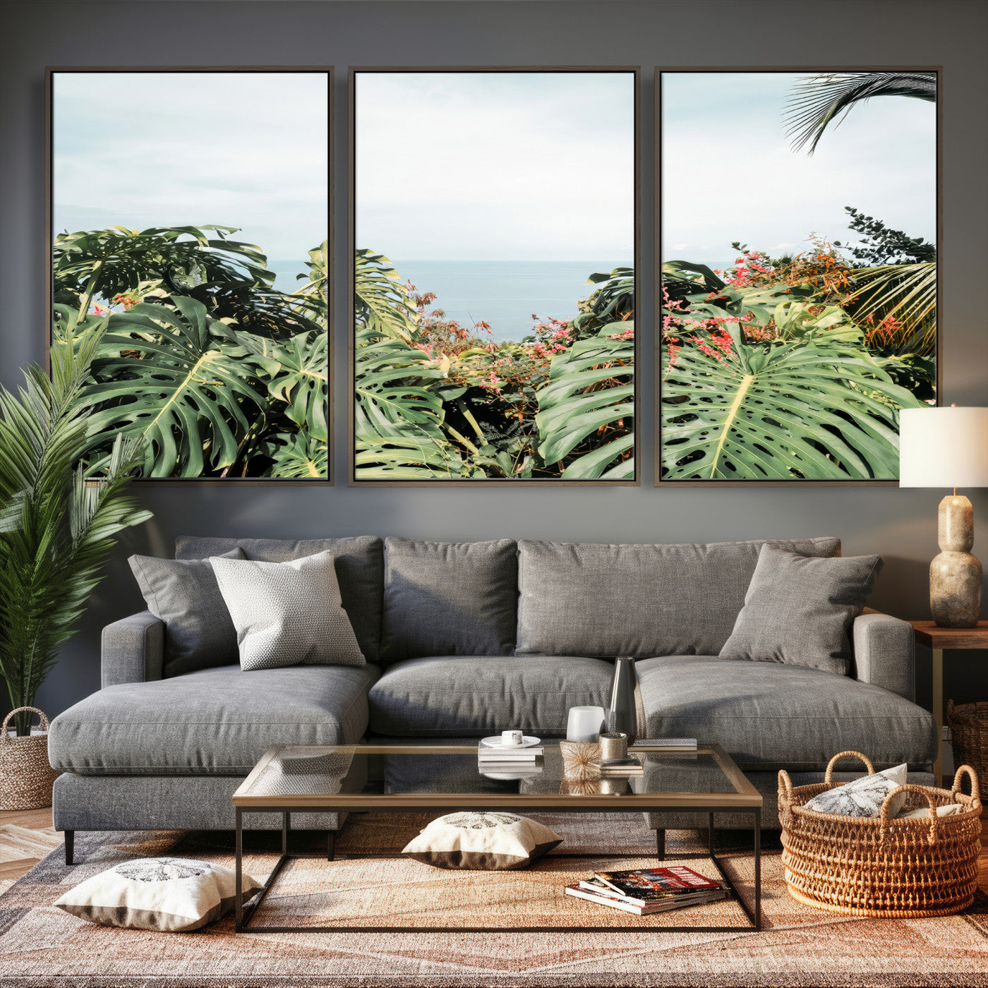 45700479-MGV-CV-36X24 - Tropical Greenery Wall Art – Exotic Leaves & Ocean View Canvas Print, Sunlit Paradise and Vibrant Nature for Living Room or Coastal Decor