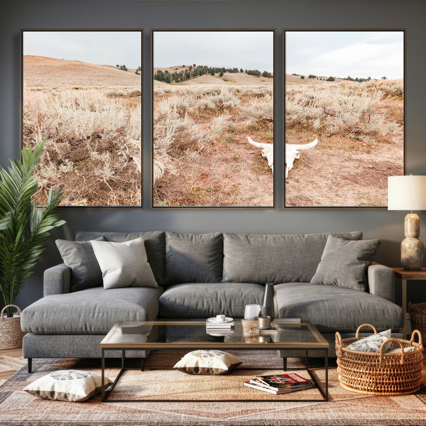 97234735-MGV-CV-36X24 - Desert Skull Wall Art – Arid Landscape & Sagebrush Canvas Print, Rustic Nature and Earth Tones for Living Room or Minimalist Decor