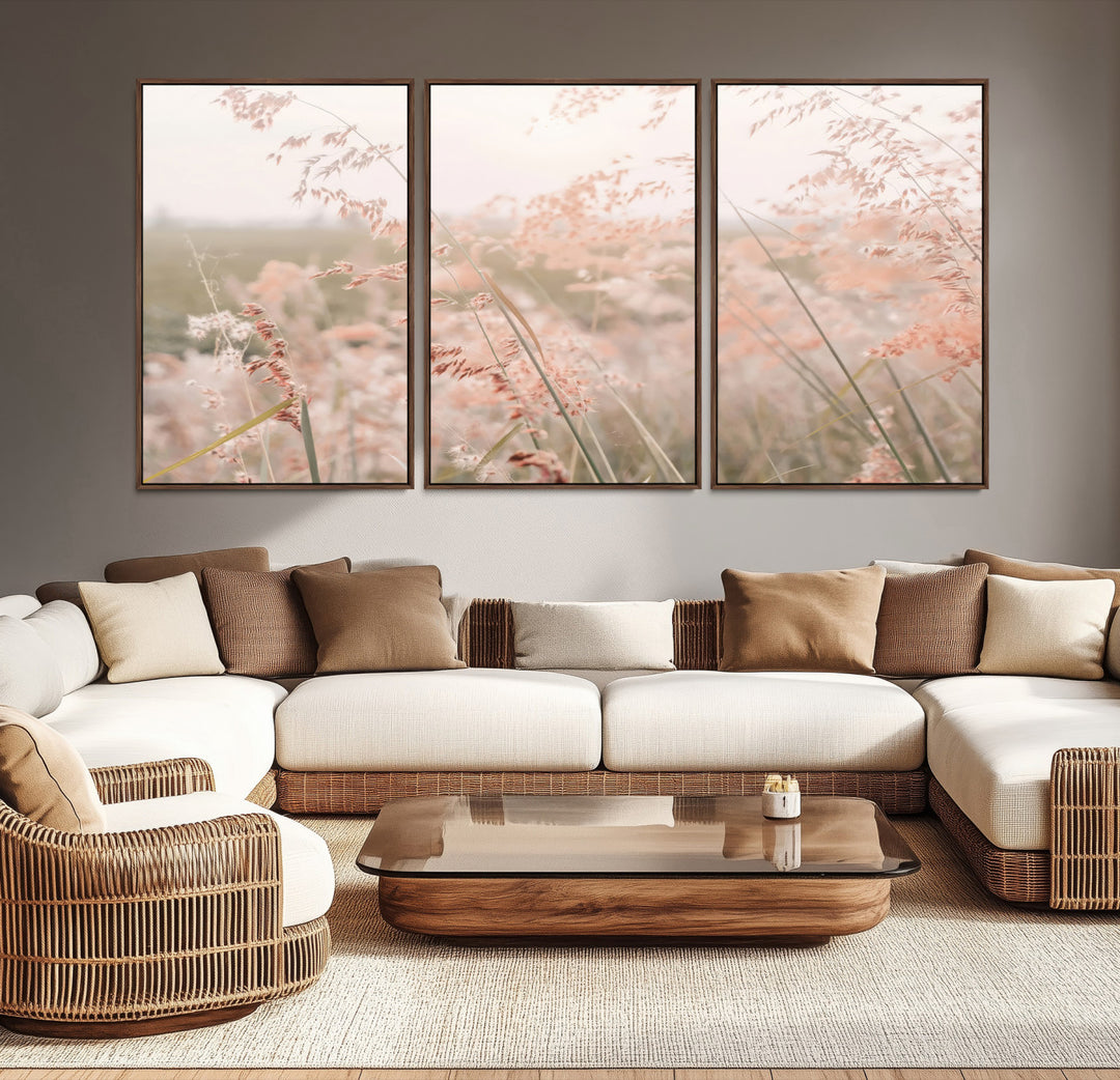 Pastel Grasses Wall Art Canvas Print, Soft Meadow Print, Framed Field in Breeze Art Print, Large Pink Meadow Printing Soft Pastel