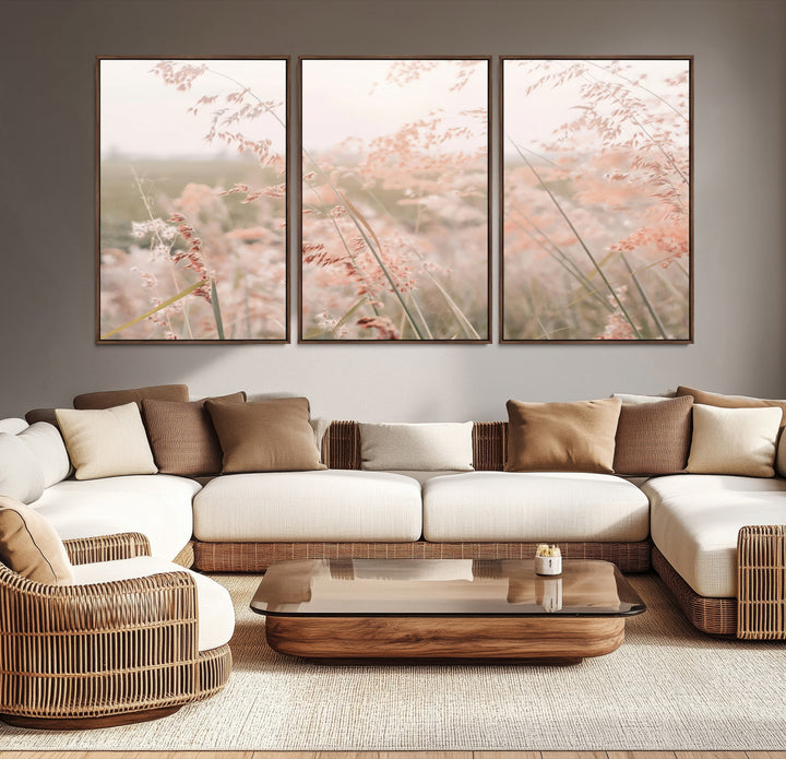 Pastel Grasses Wall Art Canvas Print, Soft Meadow Print, Framed Field in Breeze Art Print, Large Pink Meadow Printing Soft Pastel