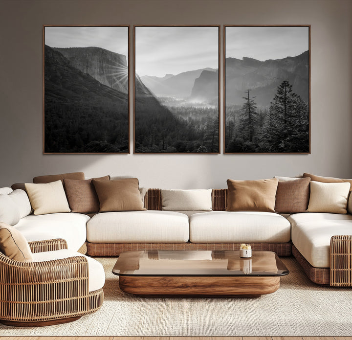 Yosemite Valley Wall Art Canvas Print, El Capitan Sunrise Print, Framed Misty Mountain Art Print, Large Monochrome Valley Printing