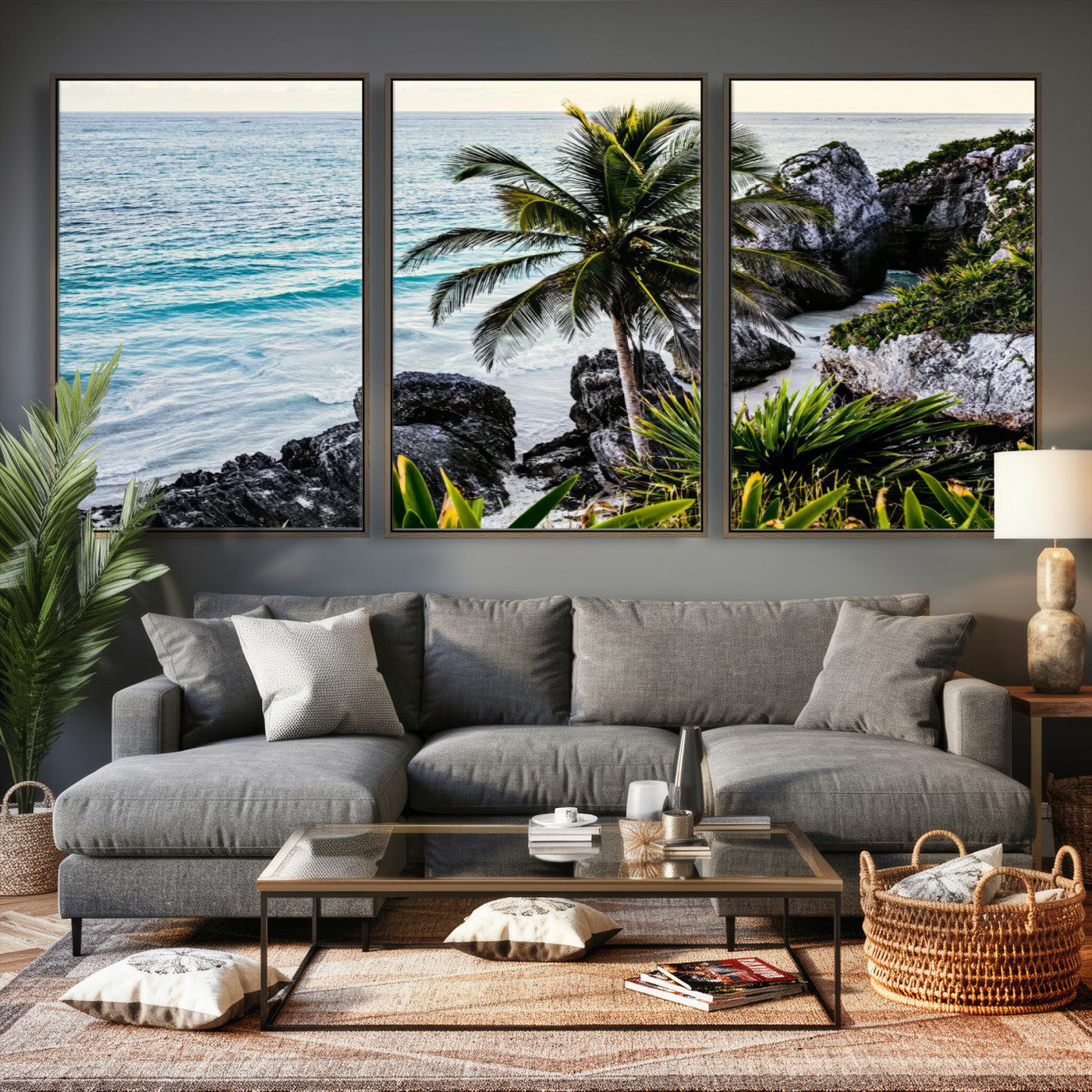 94669907-MGV-CV-36X24 - Tropical Palm Wall Art – Coastal Rocks Canvas Print, Ocean Breeze, Sandy Shore, Vibrant Green Foliage for Living Room or Beach House Decor