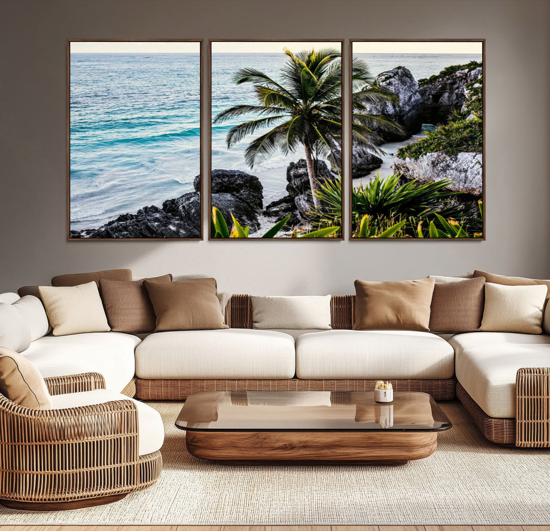 Framed canvas of a vibrant tropical coastline with palm trees, rocky cliffs, and turquoise waters, ideal for tropical coastal home decor.