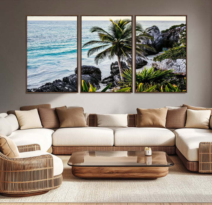 Framed canvas of a vibrant tropical coastline with palm trees, rocky cliffs, and turquoise waters, ideal for tropical coastal home decor.