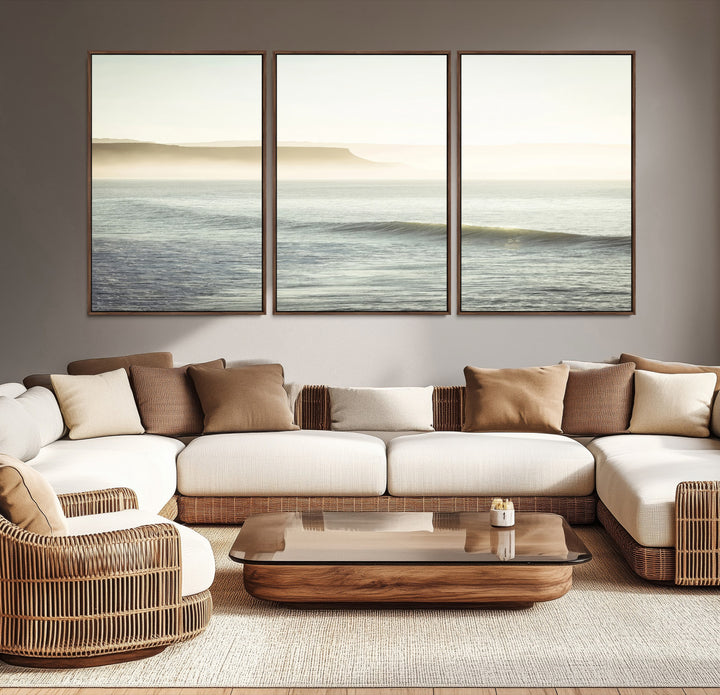 Canvas of a misty ocean scene with coastal cliffs and soft neutral tones, ideal for Scandinavian coastal or minimalist nature-inspired home decor.