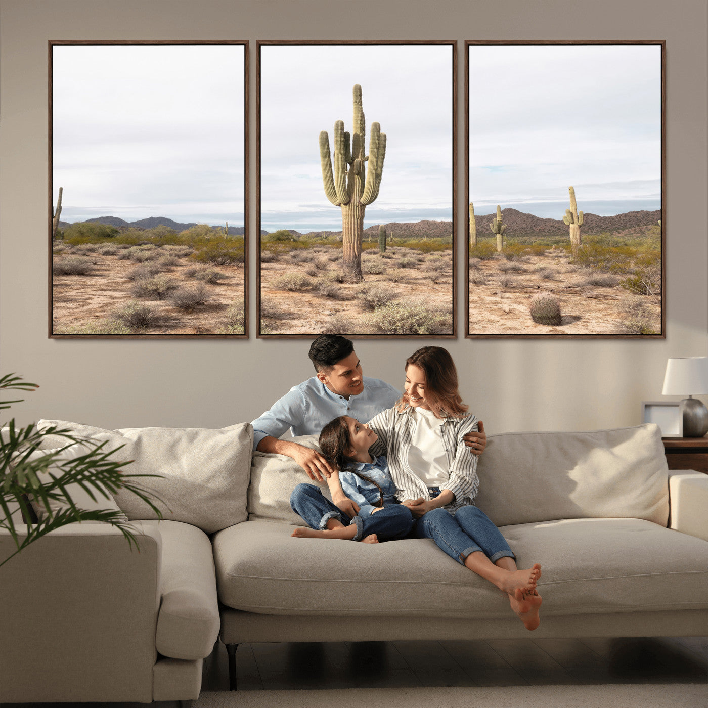 MGV-FC-60X30-3P - Saguaro Cactus Wall Art Canvas Print, Framed Desert Cactus Art Picture Print, Earthy Desert Perfect Southwestern Boho Decor Artwork