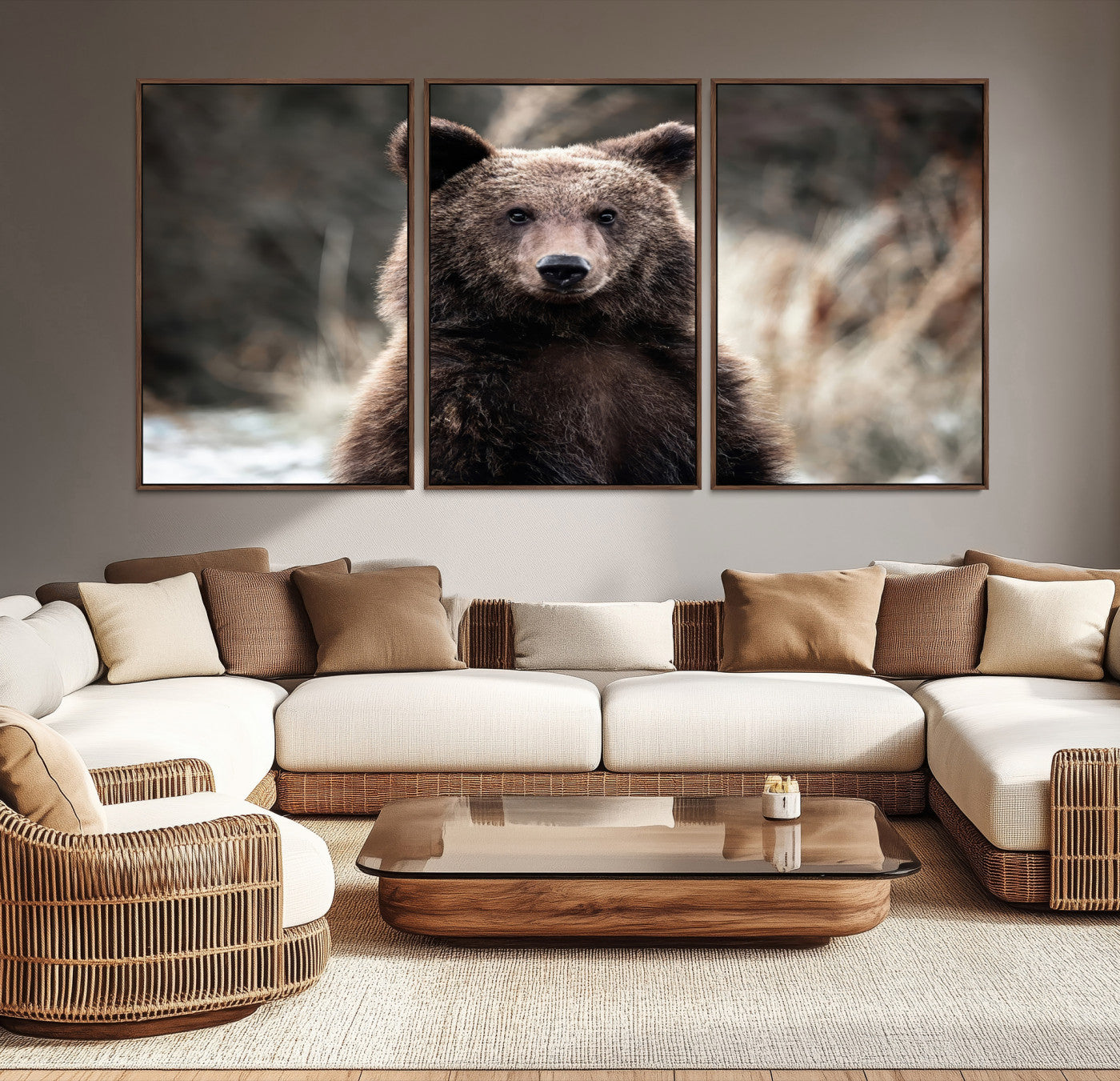 47112103-MGV-CV-36X24-Brown Bear Wall Art Canvas Print – Framed Majestic Woodland Wildlife Scene Artwork for Cabin, Home, Office, Living Room