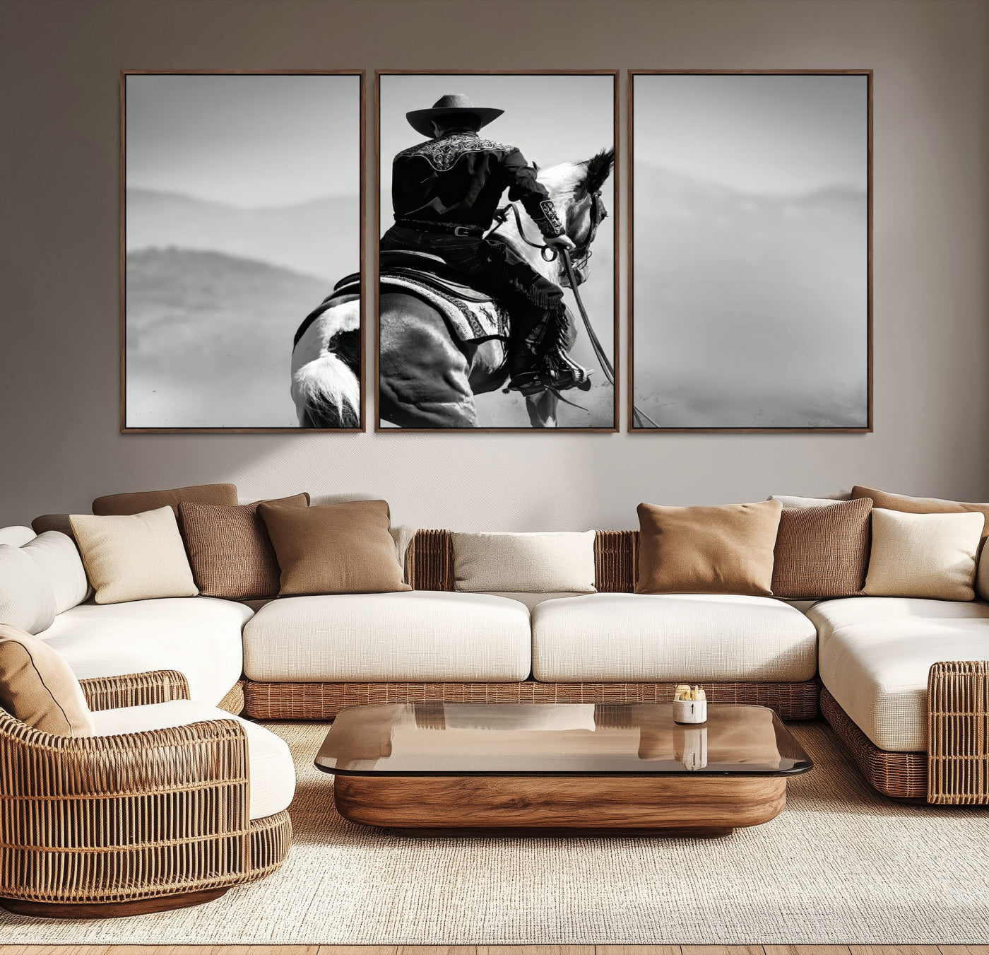 83102464-MGV-CV-36X24-Western Wall Art Canvas Print – Framed Cowboy and Horse Scene Artwork for Rustic Western Home, Office Decor