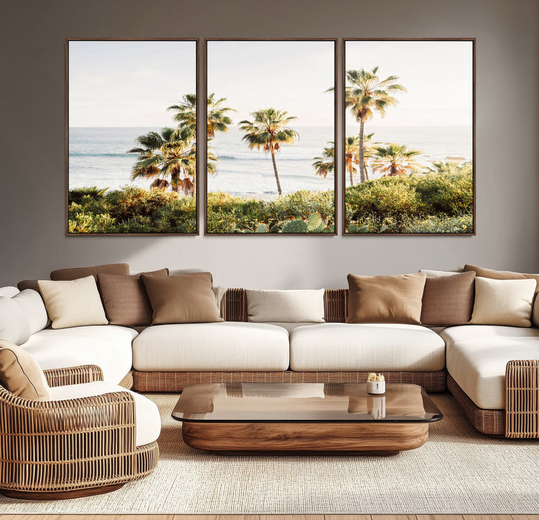 Framed print of sunlit palm trees on the California coast with warm tones, perfect for coastal minimalist or beach-style home decor.