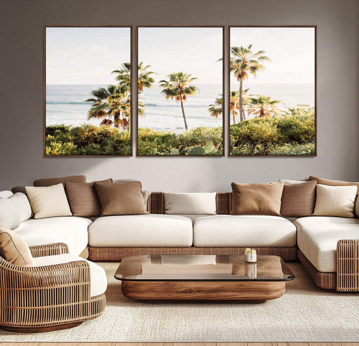 Framed print of sunlit palm trees on the California coast with warm tones, perfect for coastal minimalist or beach-style home decor.