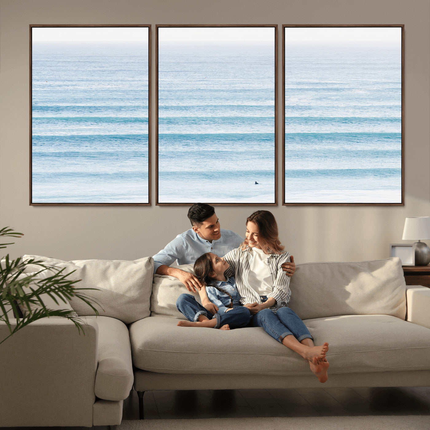 77145995-MGV-CV-36X24-Ocean Wave Surfer Wall Art – Framed Minimal Seascape Canvas Artwork, Calm Blue Water Design, Coastal Decor for Home, Office