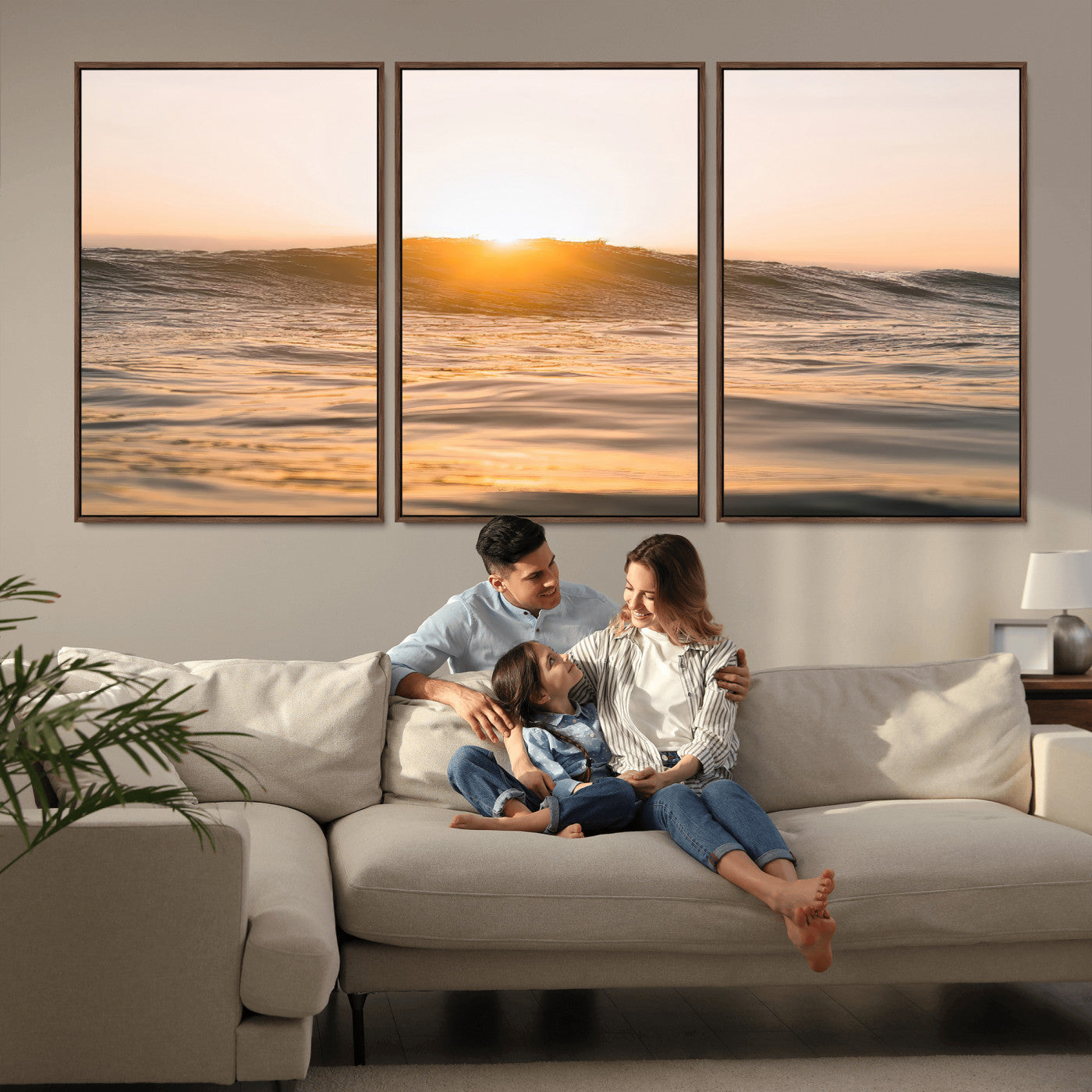 16973771-MGV-CV-36X24-Calm Water Wall Art – Framed Sunset Waves Canvas Artwork, Coastal Warm Design, Minimal Ocean Decor for Home, Office