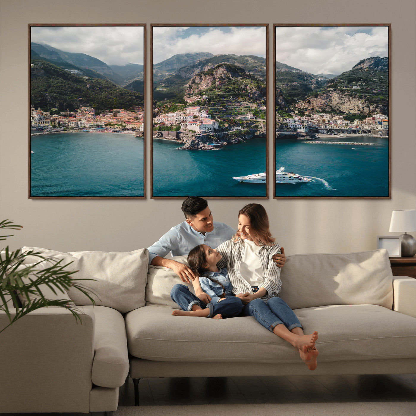 20321590-MGV-CV-36X24-Amalfi Coast Wall Art – Framed Italian Seaside Canvas Artwork, Mediterranean Landscape Design, Coastal Decor for Home, Office