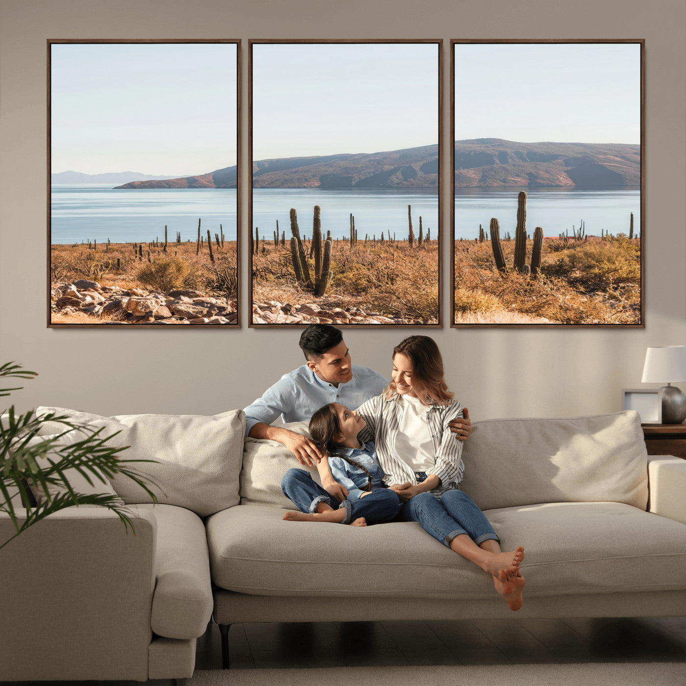 MGV-FC-60X30-3P - Desert Cactus Wall Art Canvas Print, Framed Baja Coastline Art Picture Print, Coastal Desert Perfect Southwestern Minimalist Decor Artwork