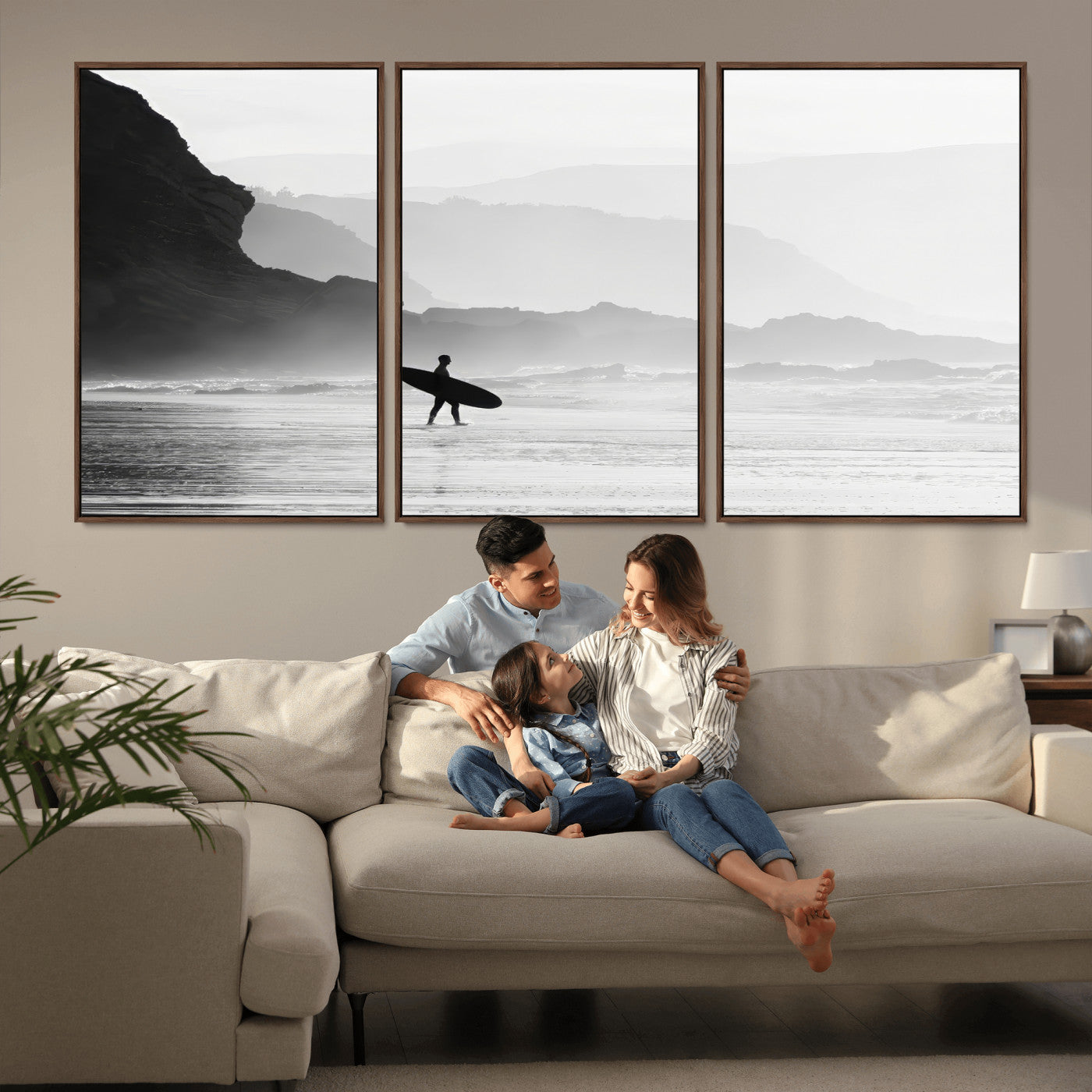 MGV-FC-60X30-3P - Surfer In Fog Wall Art Canvas Print, Framed Moody Shoreline Art Picture Print, Cliffside Waves Perfect Minimalist Coastal Decor Artwork