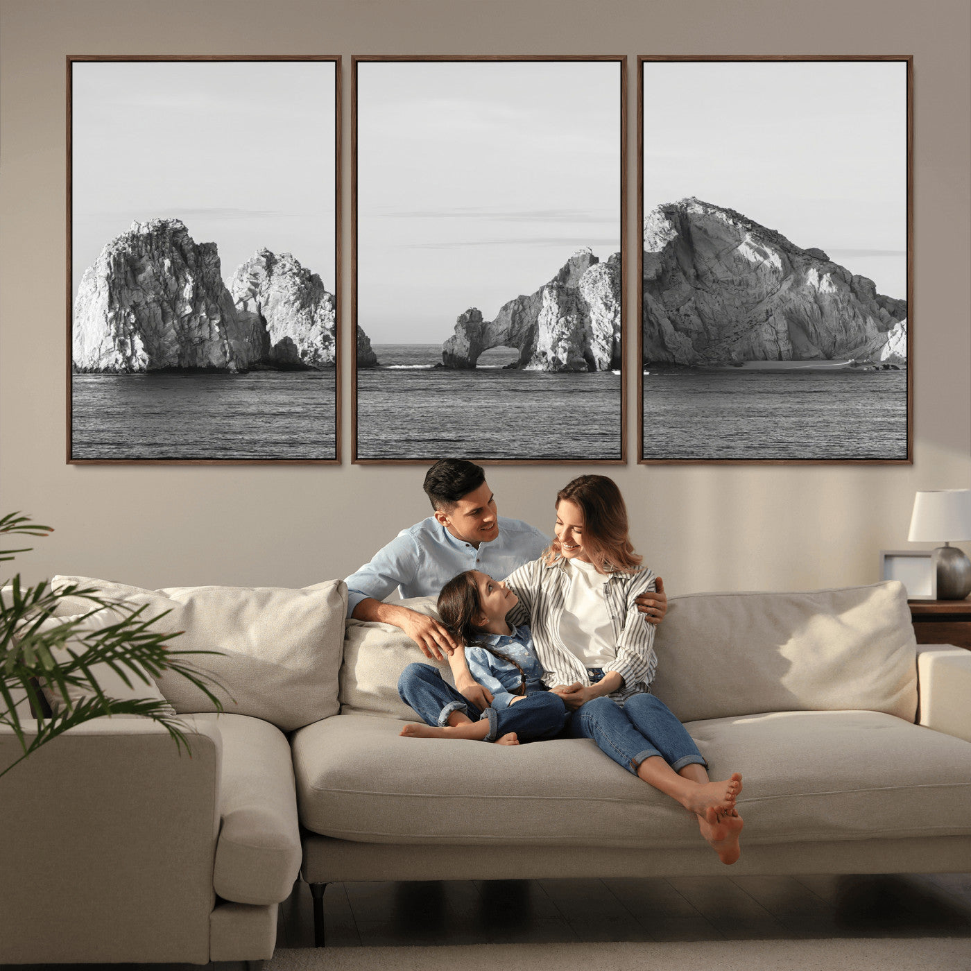 MGV-FC-60X30-3P - Rugged Coastline Wall Art Canvas Print, Framed Ocean Cliffs Art Picture Print, Monochrome Seascape Perfect Coastal Minimalist Decor Artwork