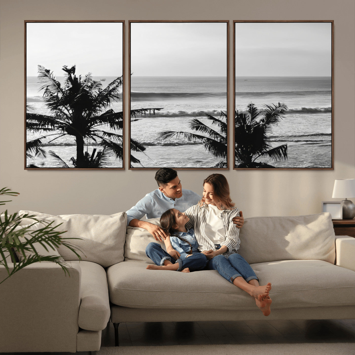 17508038-MGV-CV-36X24-Tropical Coastline Wall Art Canvas Print – Framed Palm Trees Scene with Ocean Waves Artwork for Home, Office