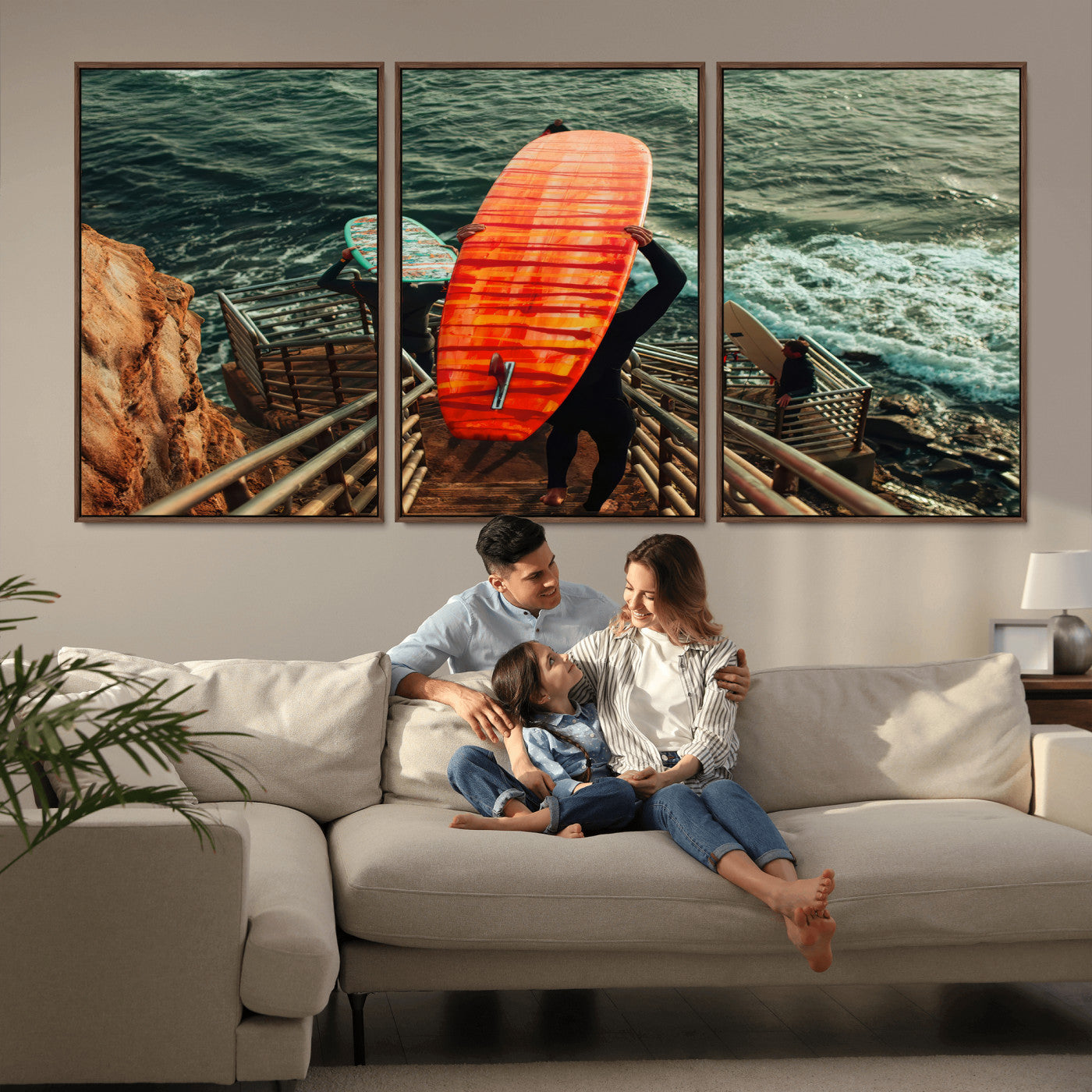 MGV-FC-60X30-3P - Surfer Stairway Wall Art Canvas Print, Framed Ocean Surf Art Picture Print, Sunset Coastal Perfect Coastal Adventure Decor Artwork