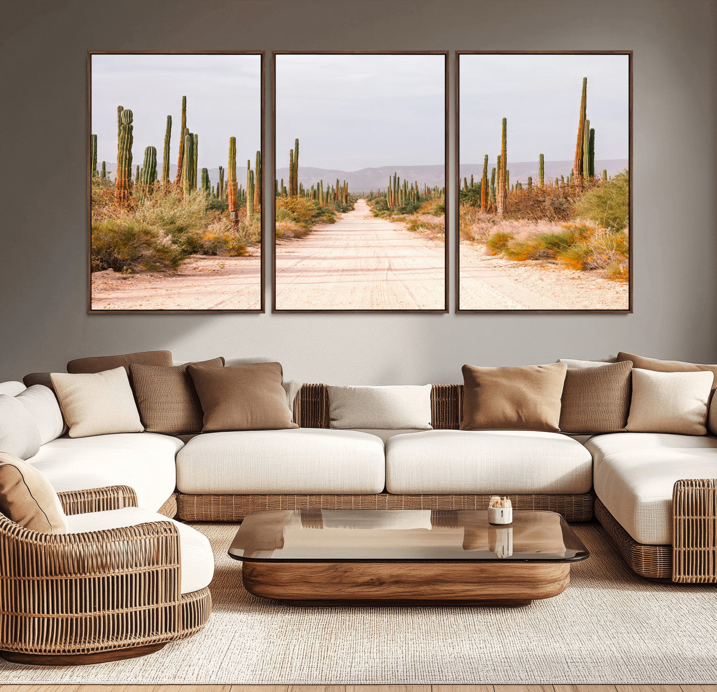 MGV-FC-60X30-3P - Desert Cactus Lined Road Wall Art Canvas Print, Framed Southwestern Landscape Art Picture Print, Bohemian Western Aesthetic Perfect Southwestern Boho Decor Artwork