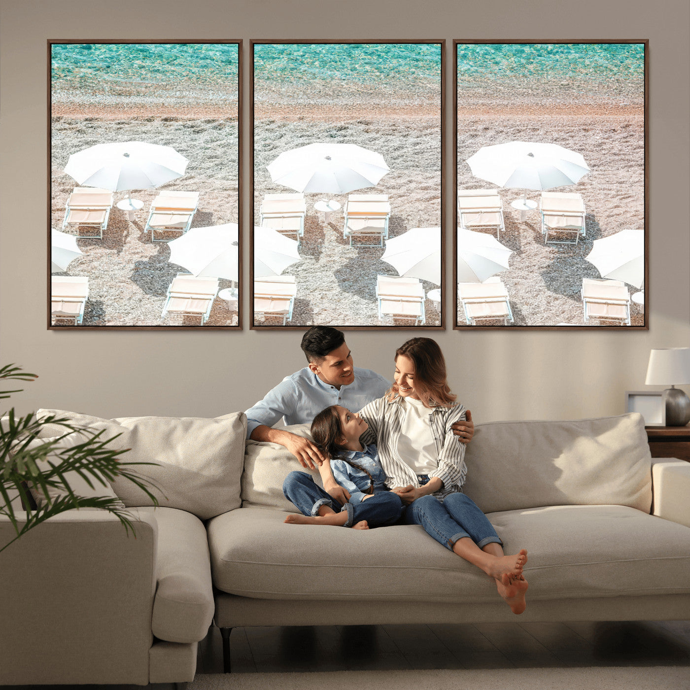 MGV-FC-60X30-3P - Calm Beach Wall Art Canvas Print, Framed Turquoise Water Art Picture Print, Umbrella Shoreline Perfect Coastal Minimalist Decor Artwork
