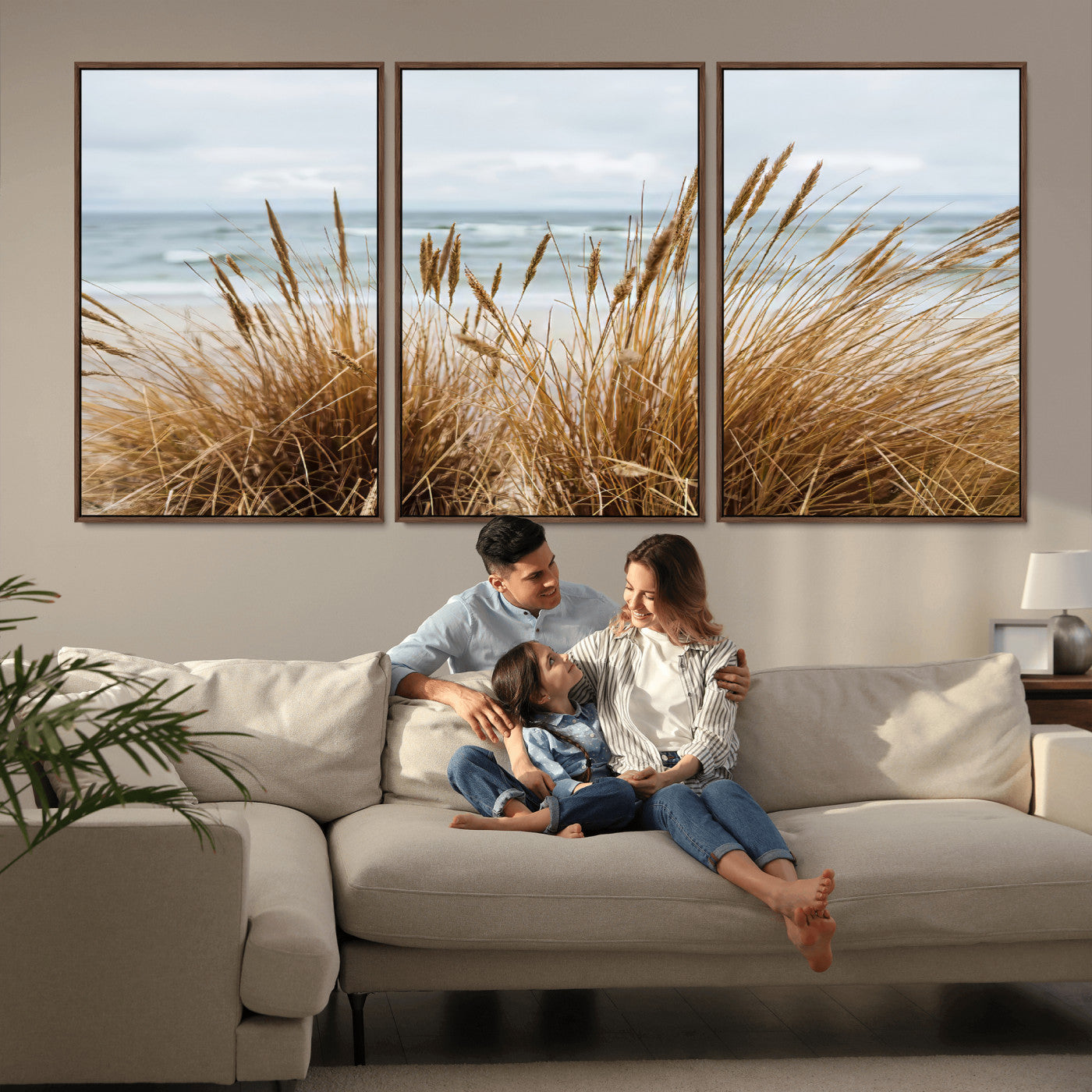 MGV-FC-60X30-3P - Beach Grass Wall Art Canvas Print, Framed Coastal Dunes Art Picture Print, Dune Grass Perfect Coastal Minimalist Decor Artwork