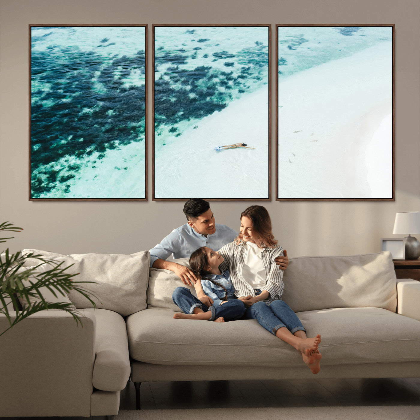 MGV-FC-60X30-3P - Minimal Beach Wall Art Canvas Print, Framed Ocean Swimming Art Picture Print, Clear Ocean Perfect Minimal Coastal Decor Artwork