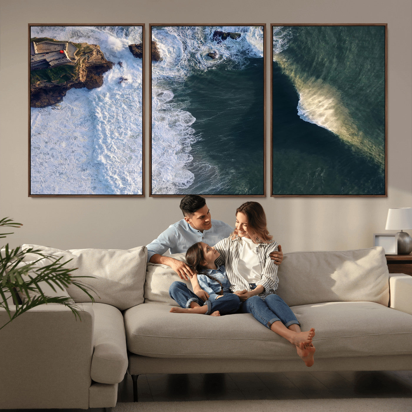 MGV-FC-60X30-3P - Nazaré Coast Wall Art Canvas Print, Framed Aerial Ocean Art Picture Print, Coastal Fortress Perfect Dramatic Coastal Decor Artwork