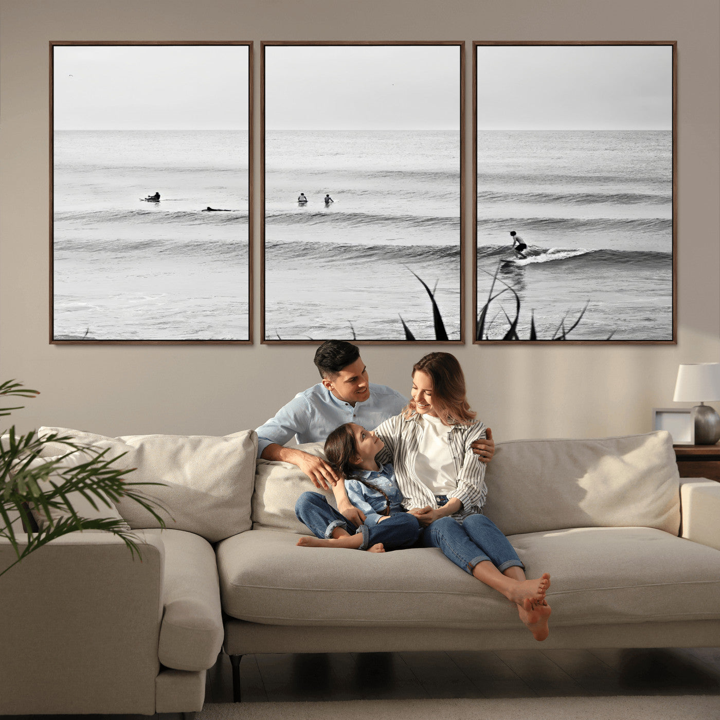 MGV-FC-60X30-3P - Surfer Silhouette Wall Art Canvas Print, Framed Calm Ocean Art Picture Print, Monochrome Surf Perfect Minimalist Coastal Decor Artwork