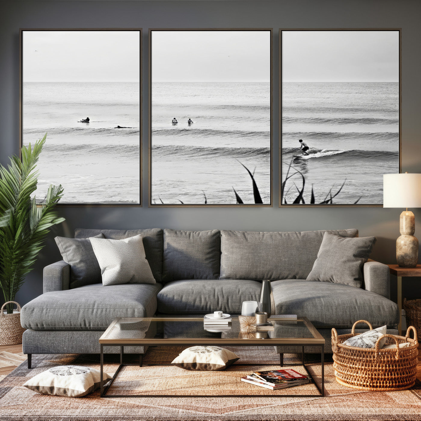 33821421-MGV-CV-36X24 - Surfer Silhouette Wall Art Canvas Print, Framed Calm Ocean Art Picture Print, Monochrome Surf Minimalist Coastal Decor Artwor