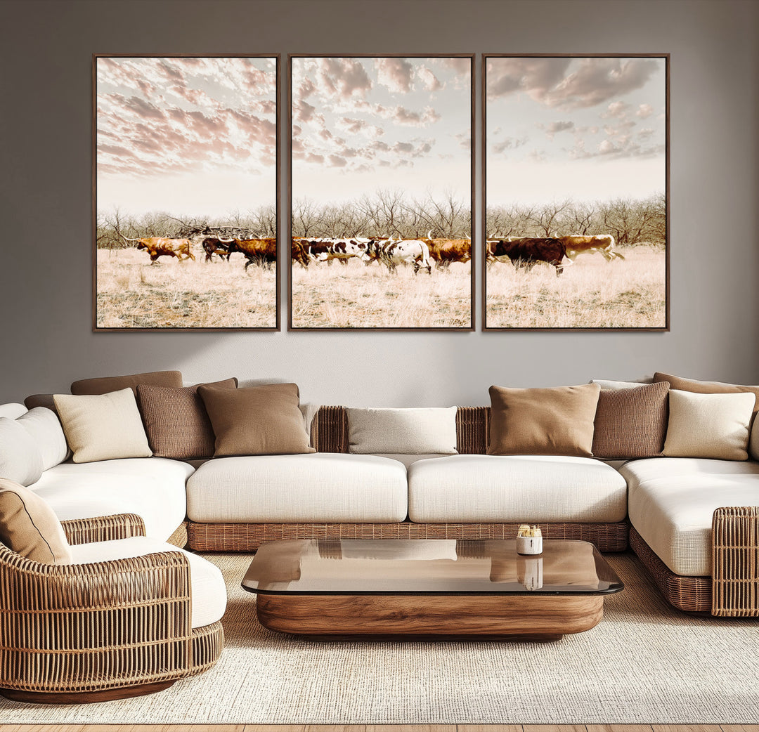 Longhorn Cattle Wall Art Canvas Print, Texas Ranch Print, Framed Western Cow Art Print, Large Prairie Landscape Printing Perfect for Western Decor